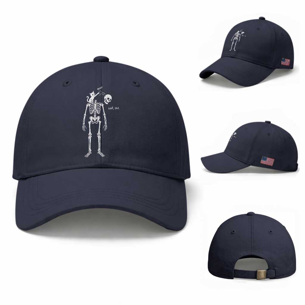Boop Well Shit Funny Cat Knocking Skeleton Head Humor Graphic Baseball Cap TS02