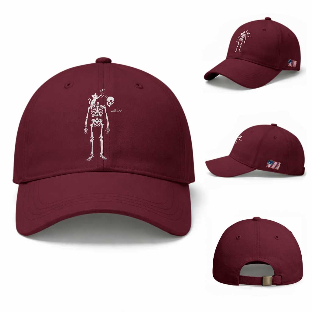 Boop Well Shit Funny Cat Knocking Skeleton Head Humor Graphic Baseball Cap TS02