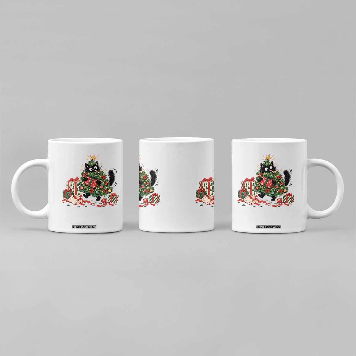 Christmas Black Cat Coffee Mug Funny Mischievous Pet Tree Decorating Holiday TS10