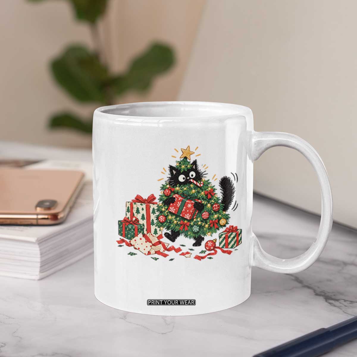 Christmas Black Cat Coffee Mug Funny Mischievous Pet Tree Decorating Holiday TS10