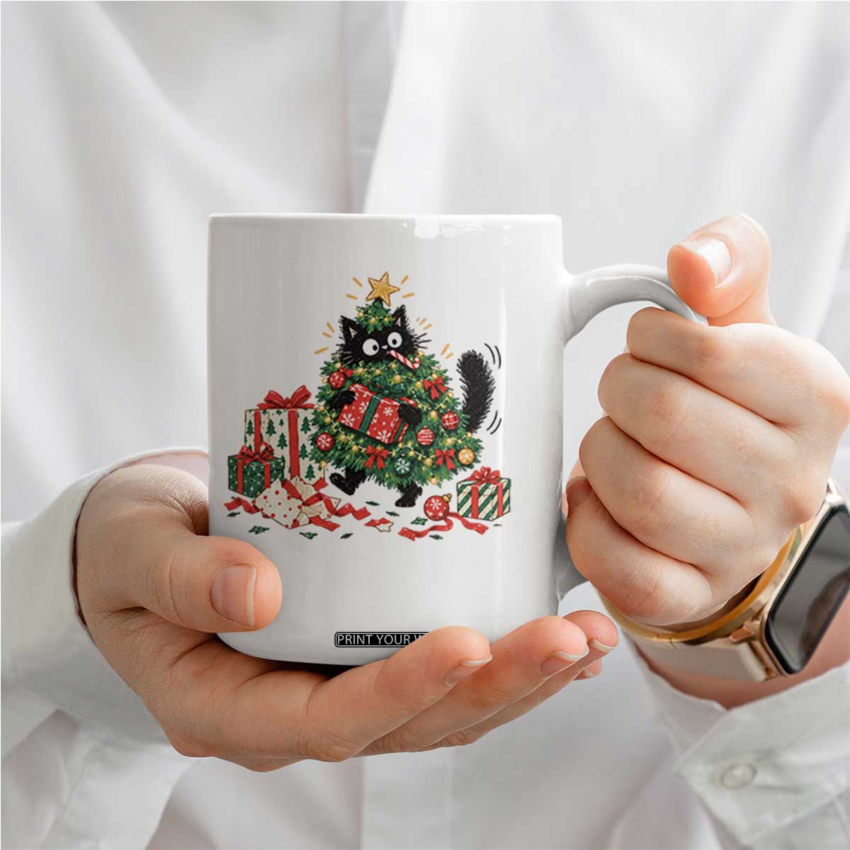 Christmas Black Cat Coffee Mug Funny Mischievous Pet Tree Decorating Holiday TS10