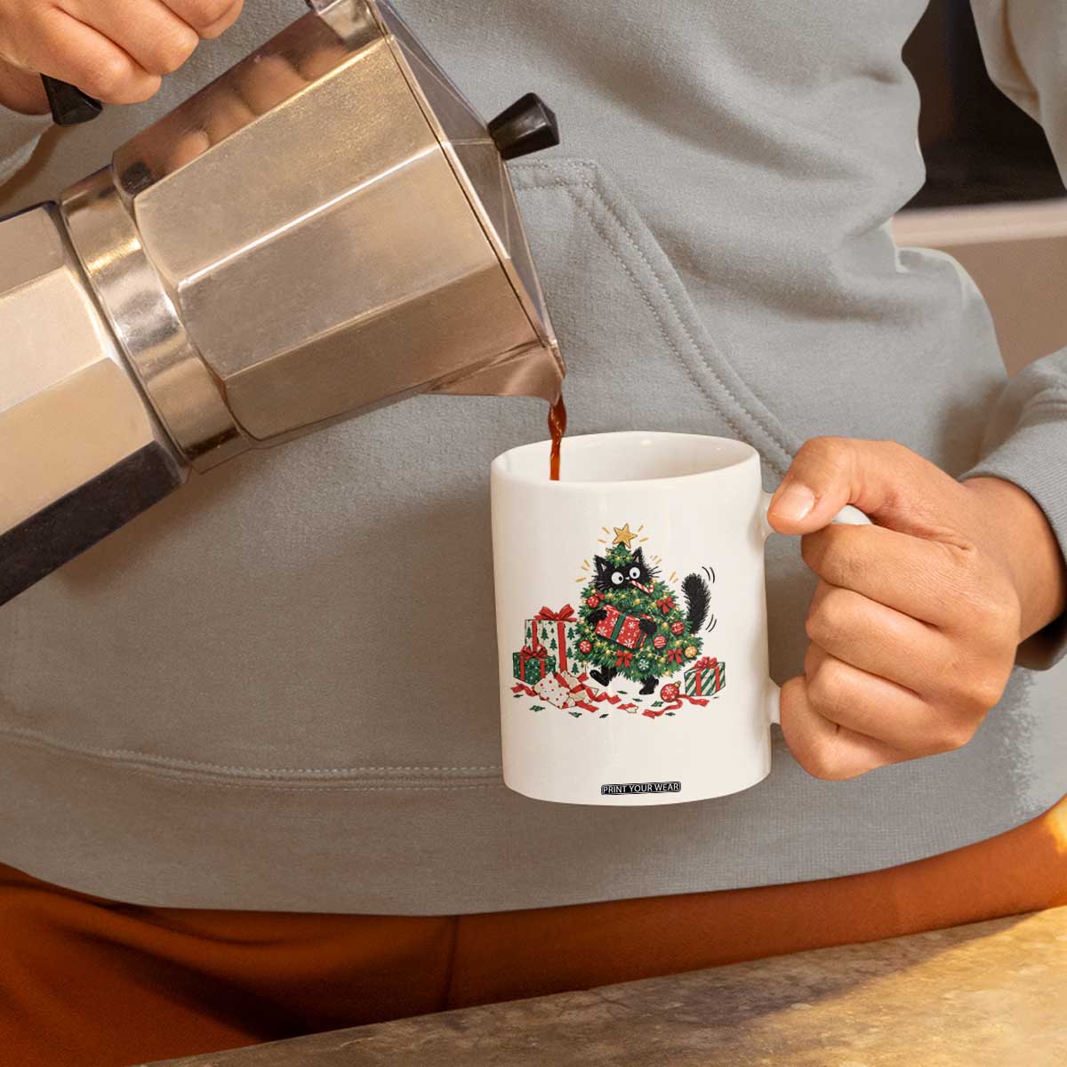 Christmas Black Cat Coffee Mug Funny Mischievous Pet Tree Decorating Holiday TS10