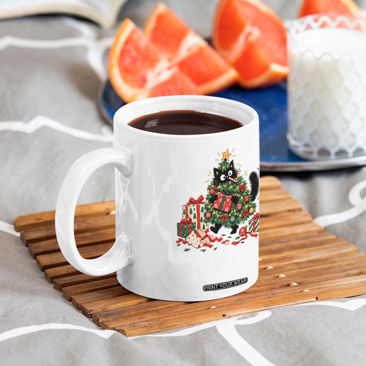 Christmas Black Cat Coffee Mug Funny Mischievous Pet Tree Decorating Holiday TS10