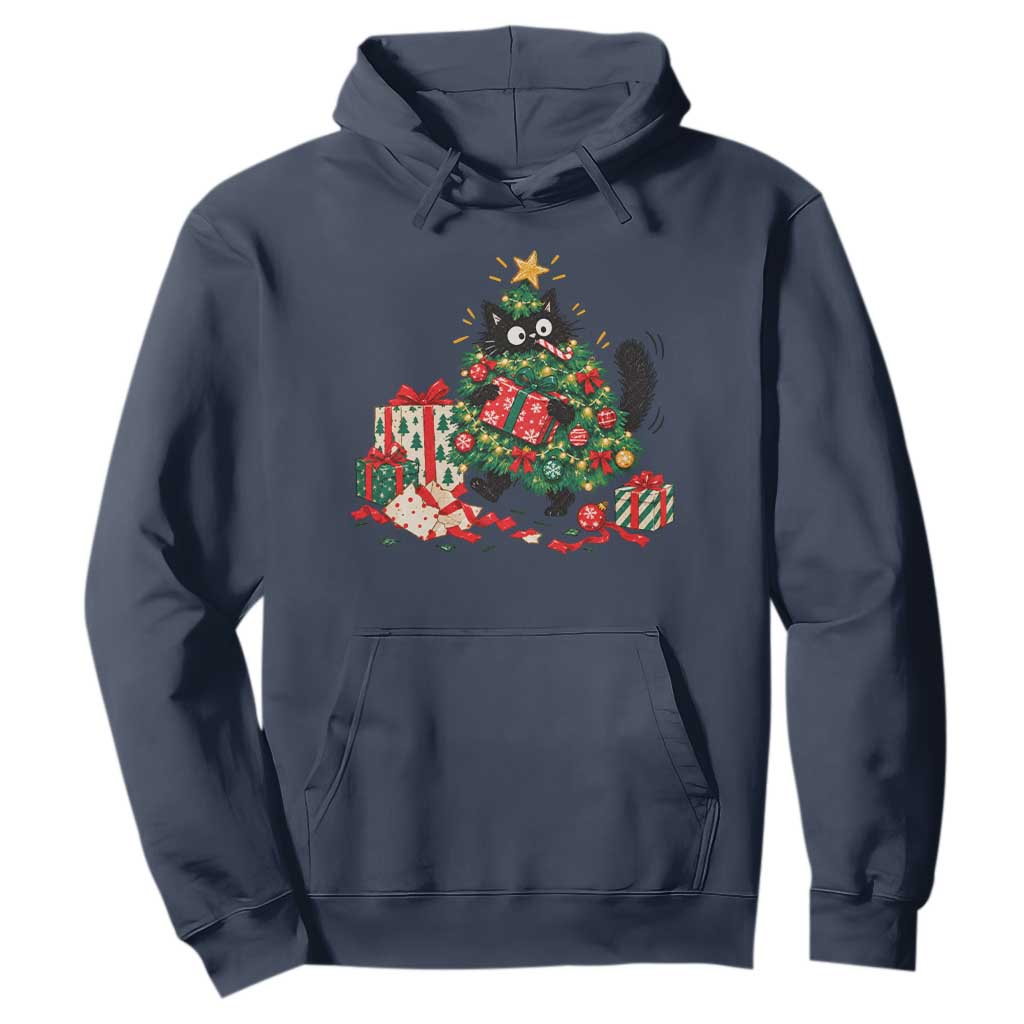 Christmas Black Cat Hoodie Funny Mischievous Pet Tree Decorating Holiday TS10