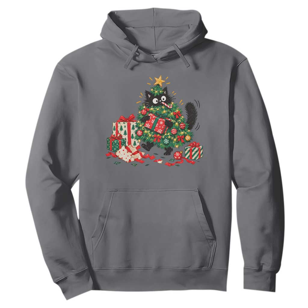 Christmas Black Cat Hoodie Funny Mischievous Pet Tree Decorating Holiday TS10