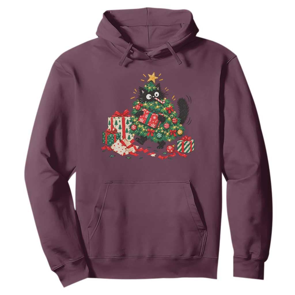 Christmas Black Cat Hoodie Funny Mischievous Pet Tree Decorating Holiday TS10