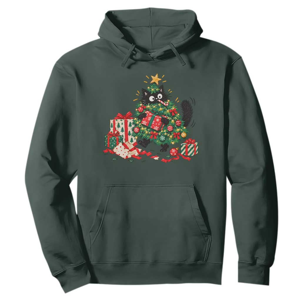Christmas Black Cat Hoodie Funny Mischievous Pet Tree Decorating Holiday TS10
