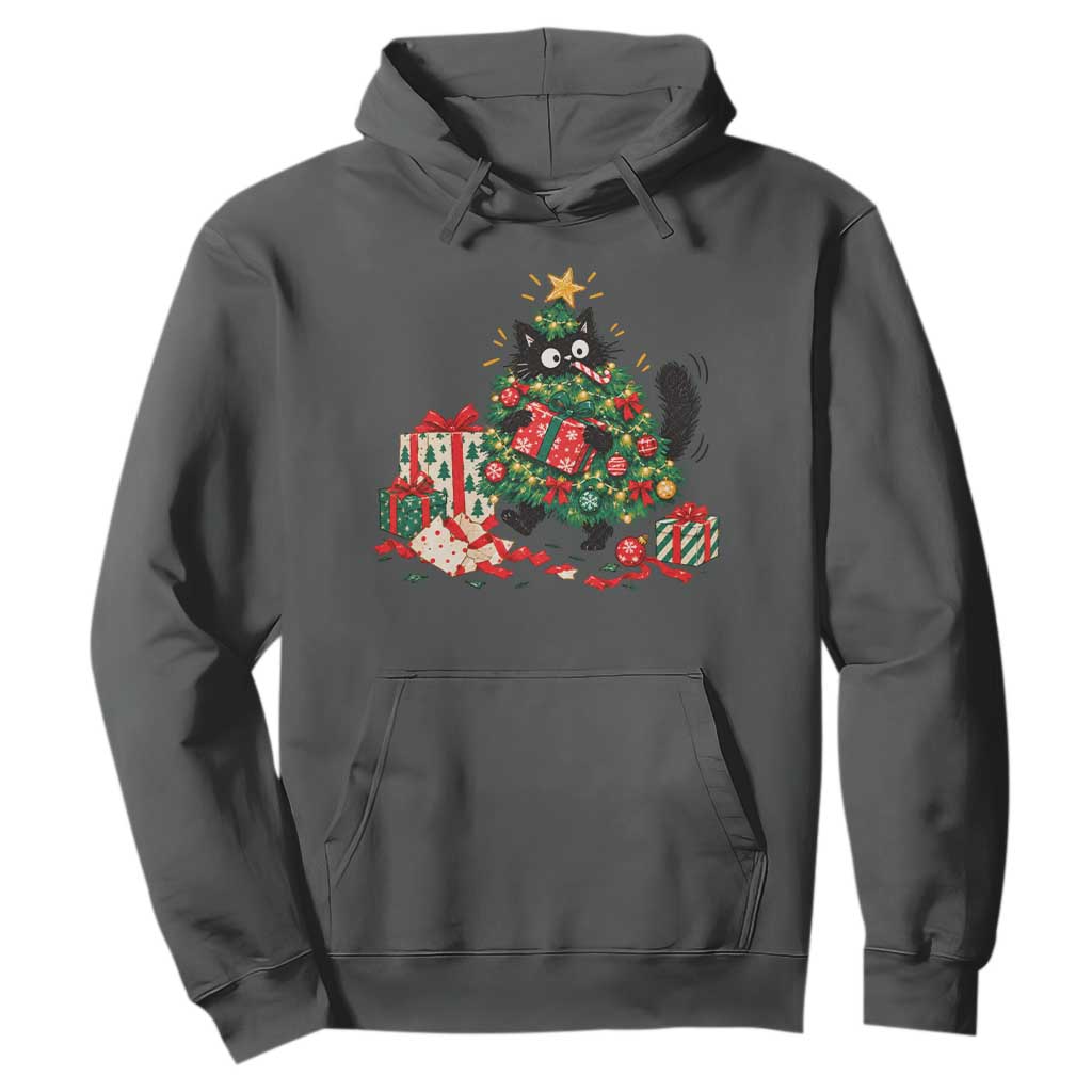 Christmas Black Cat Hoodie Funny Mischievous Pet Tree Decorating Holiday TS10