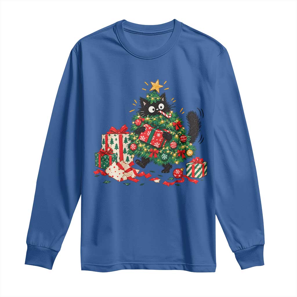 Christmas Black Cat Long Sleeve Shirt Funny Mischievous Pet Tree Decorating Holiday TS10