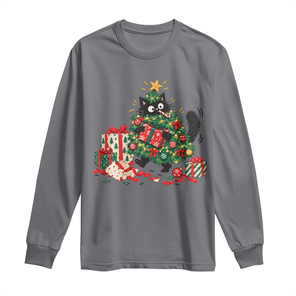 Christmas Black Cat Long Sleeve Shirt Funny Mischievous Pet Tree Decorating Holiday TS10