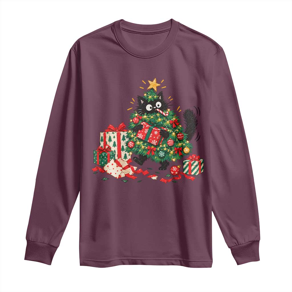 Christmas Black Cat Long Sleeve Shirt Funny Mischievous Pet Tree Decorating Holiday TS10
