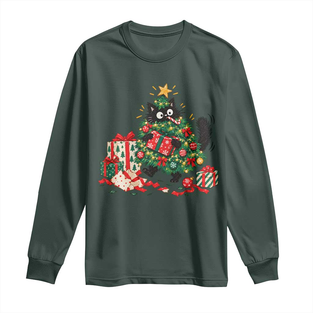Christmas Black Cat Long Sleeve Shirt Funny Mischievous Pet Tree Decorating Holiday TS10
