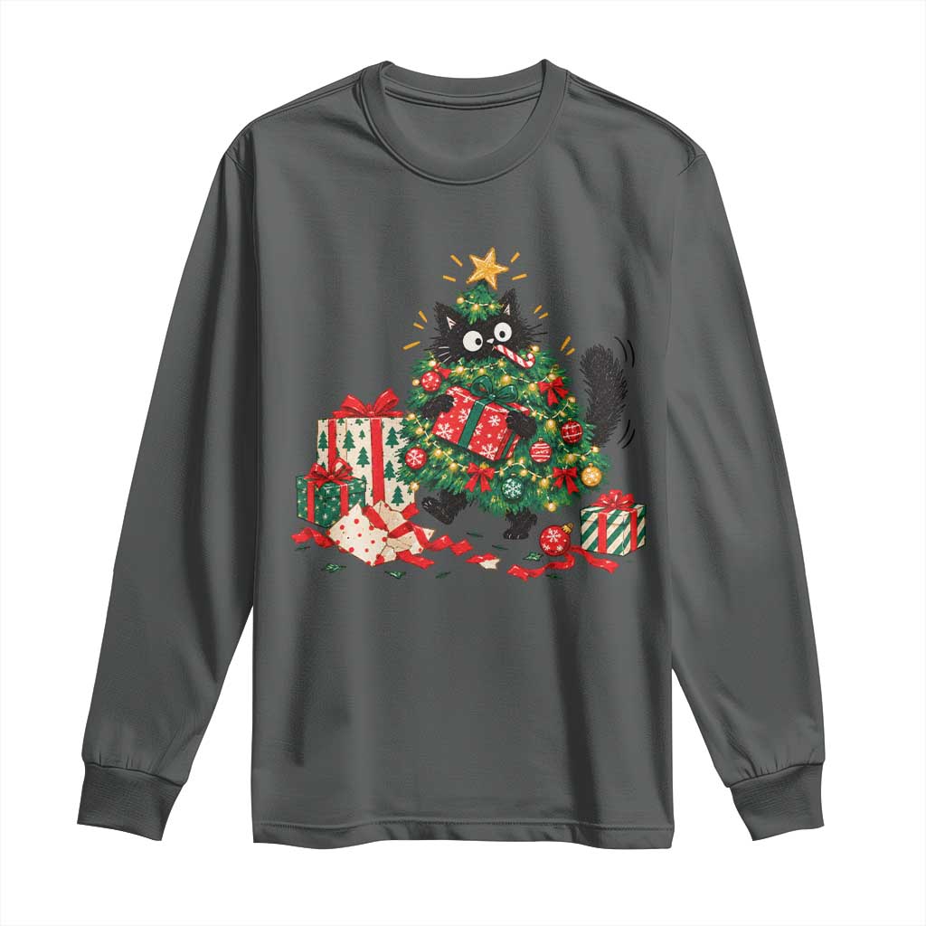 Christmas Black Cat Long Sleeve Shirt Funny Mischievous Pet Tree Decorating Holiday TS10