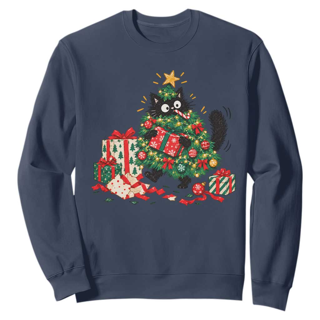Christmas Black Cat Sweatshirt Funny Mischievous Pet Tree Decorating Holiday TS10