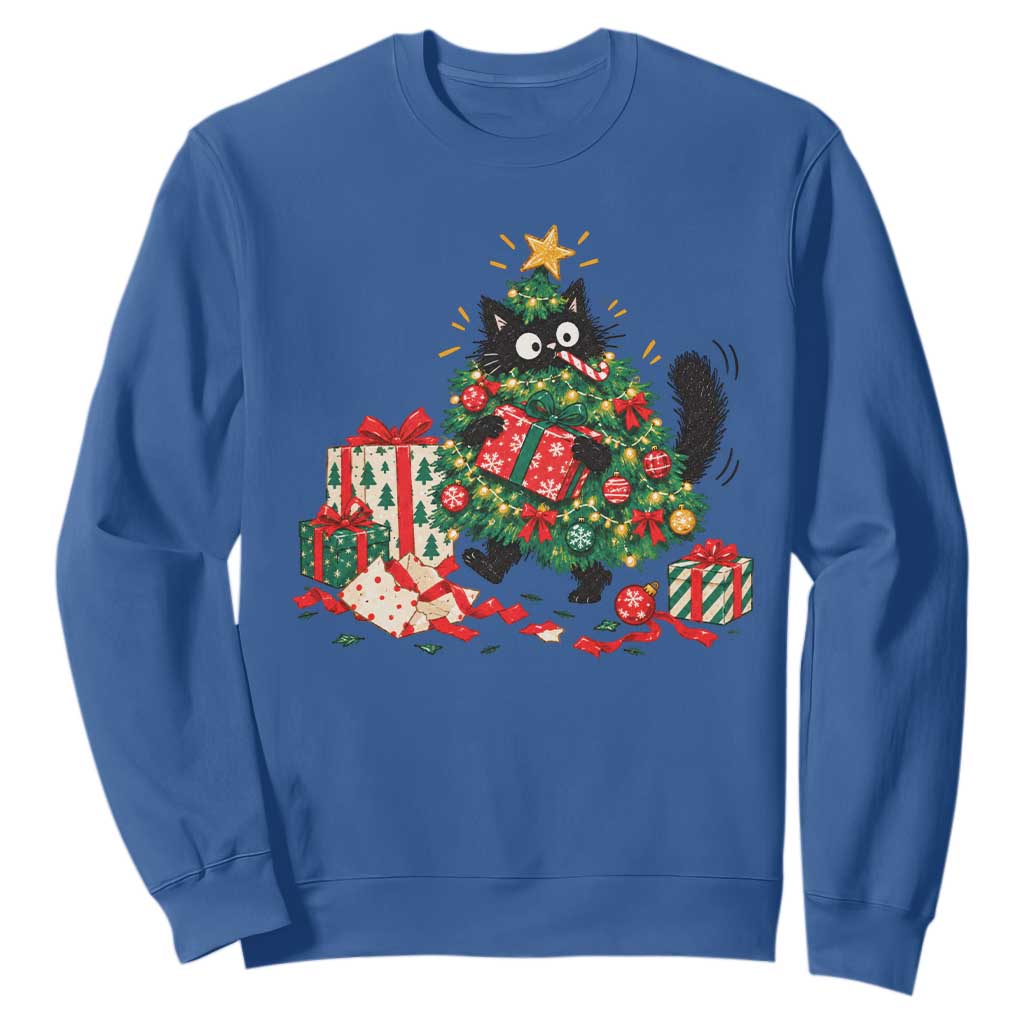 Christmas Black Cat Sweatshirt Funny Mischievous Pet Tree Decorating Holiday TS10