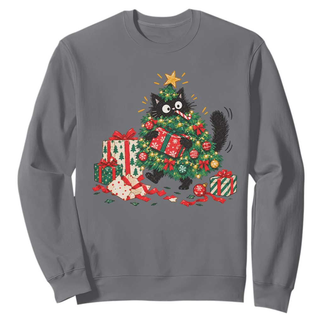 Christmas Black Cat Sweatshirt Funny Mischievous Pet Tree Decorating Holiday TS10