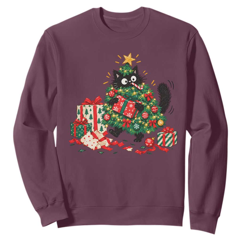 Christmas Black Cat Sweatshirt Funny Mischievous Pet Tree Decorating Holiday TS10