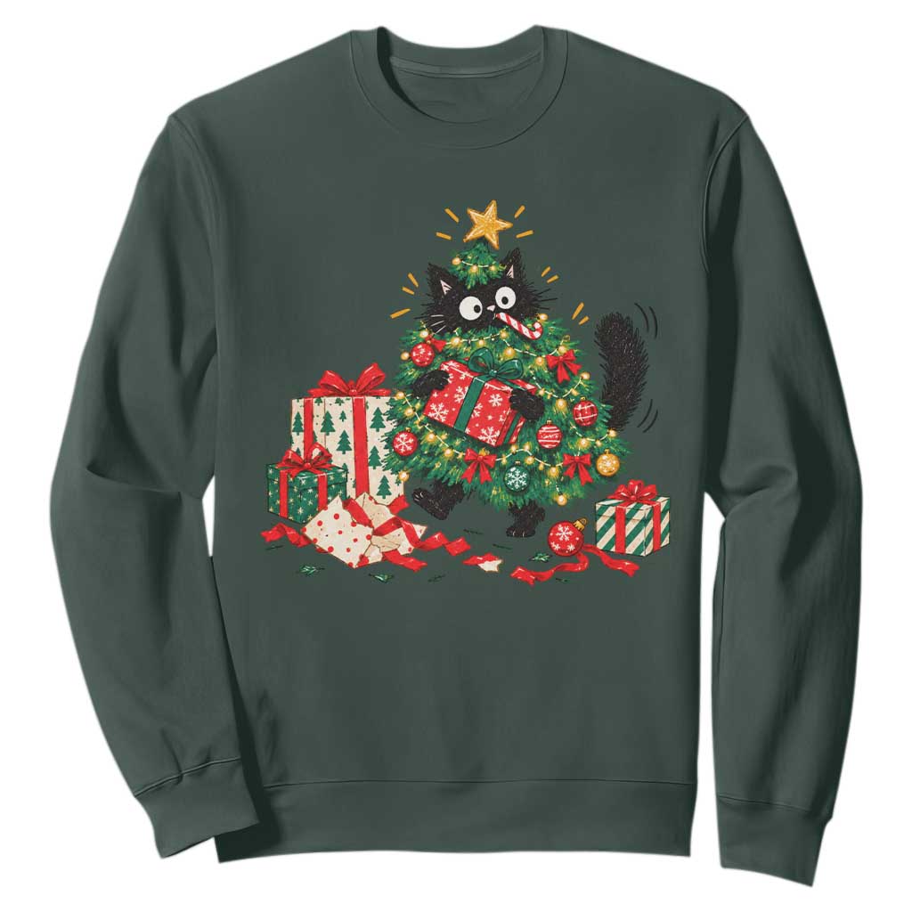 Christmas Black Cat Sweatshirt Funny Mischievous Pet Tree Decorating Holiday TS10
