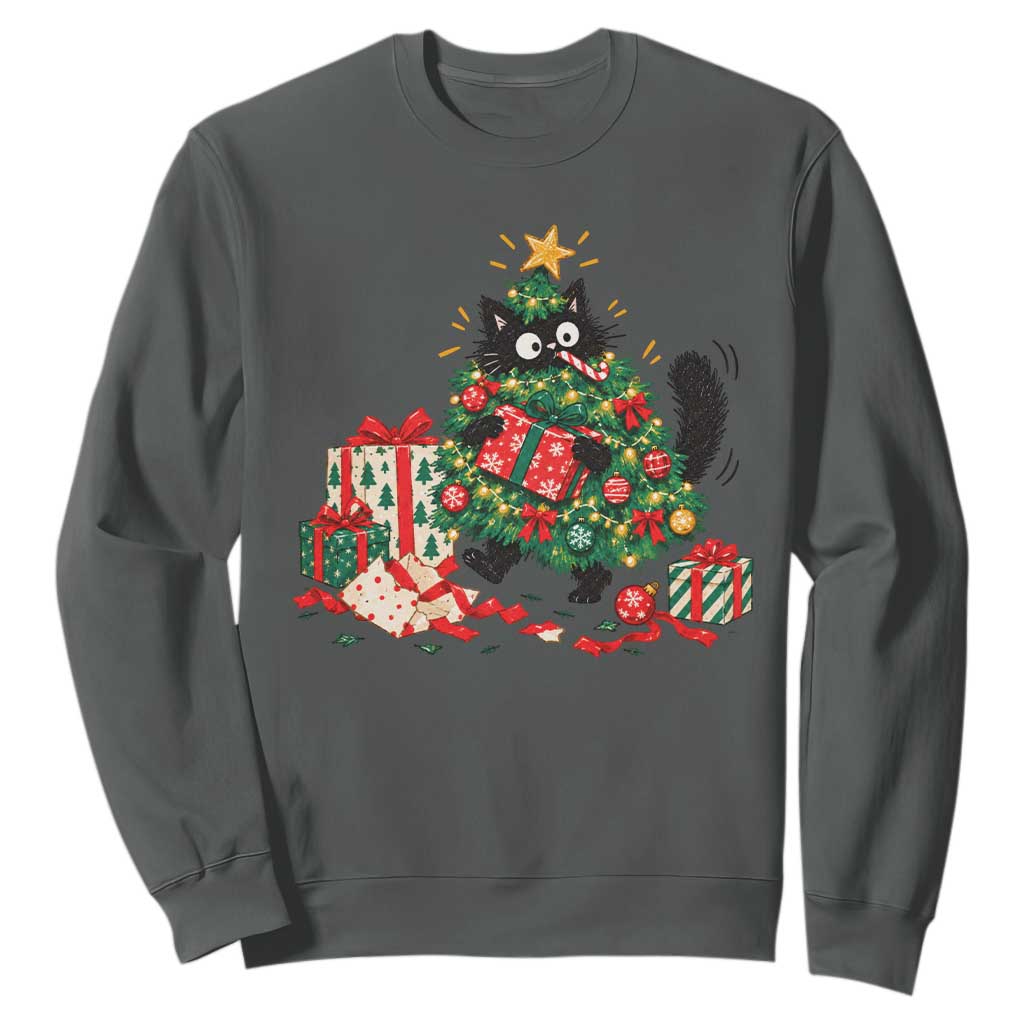 Christmas Black Cat Sweatshirt Funny Mischievous Pet Tree Decorating Holiday TS10
