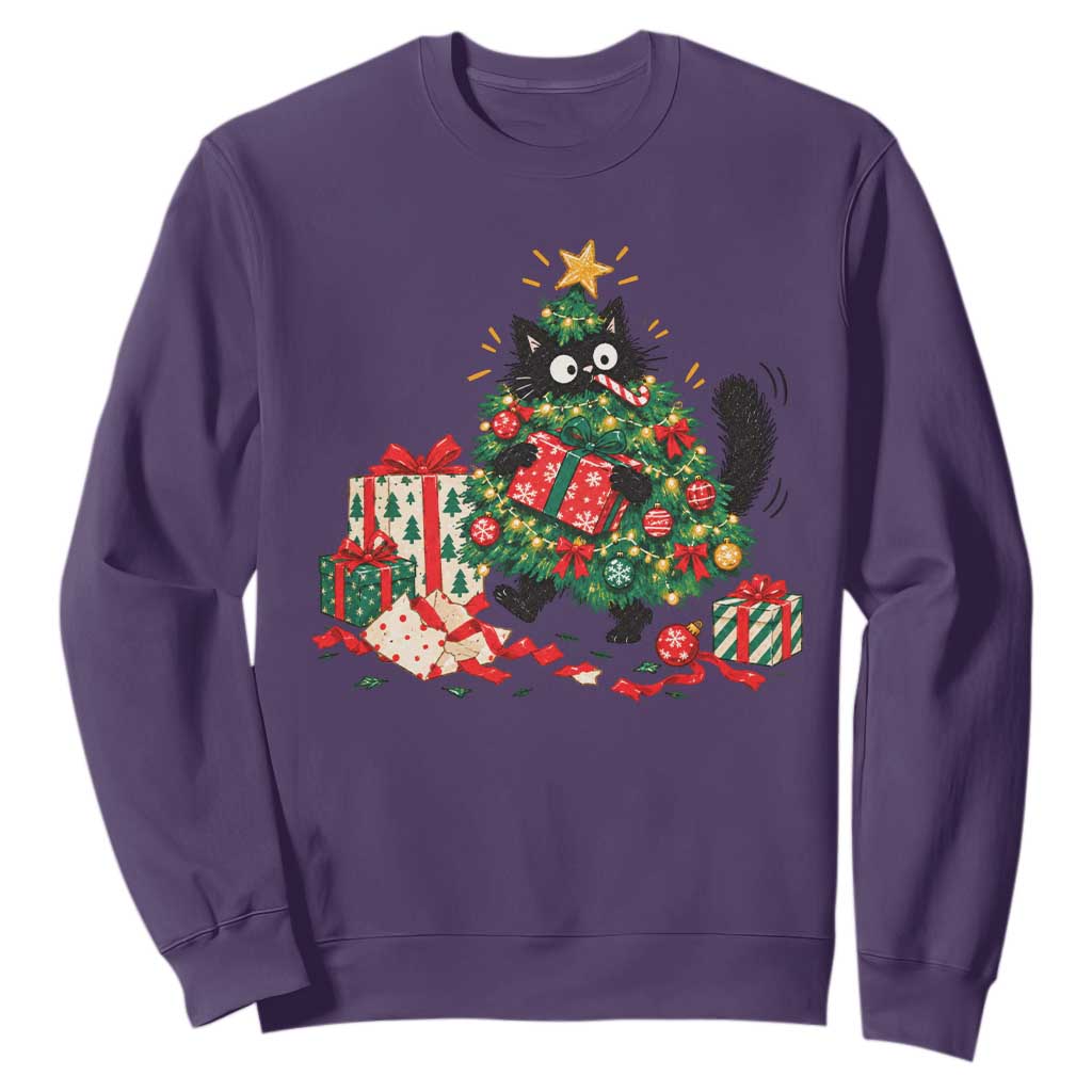 Christmas Black Cat Sweatshirt Funny Mischievous Pet Tree Decorating Holiday TS10