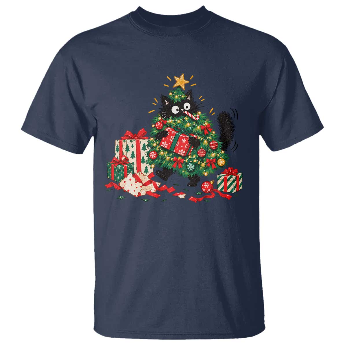 Christmas Black Cat T Shirt Funny Mischievous Pet Tree Decorating Holiday TS10