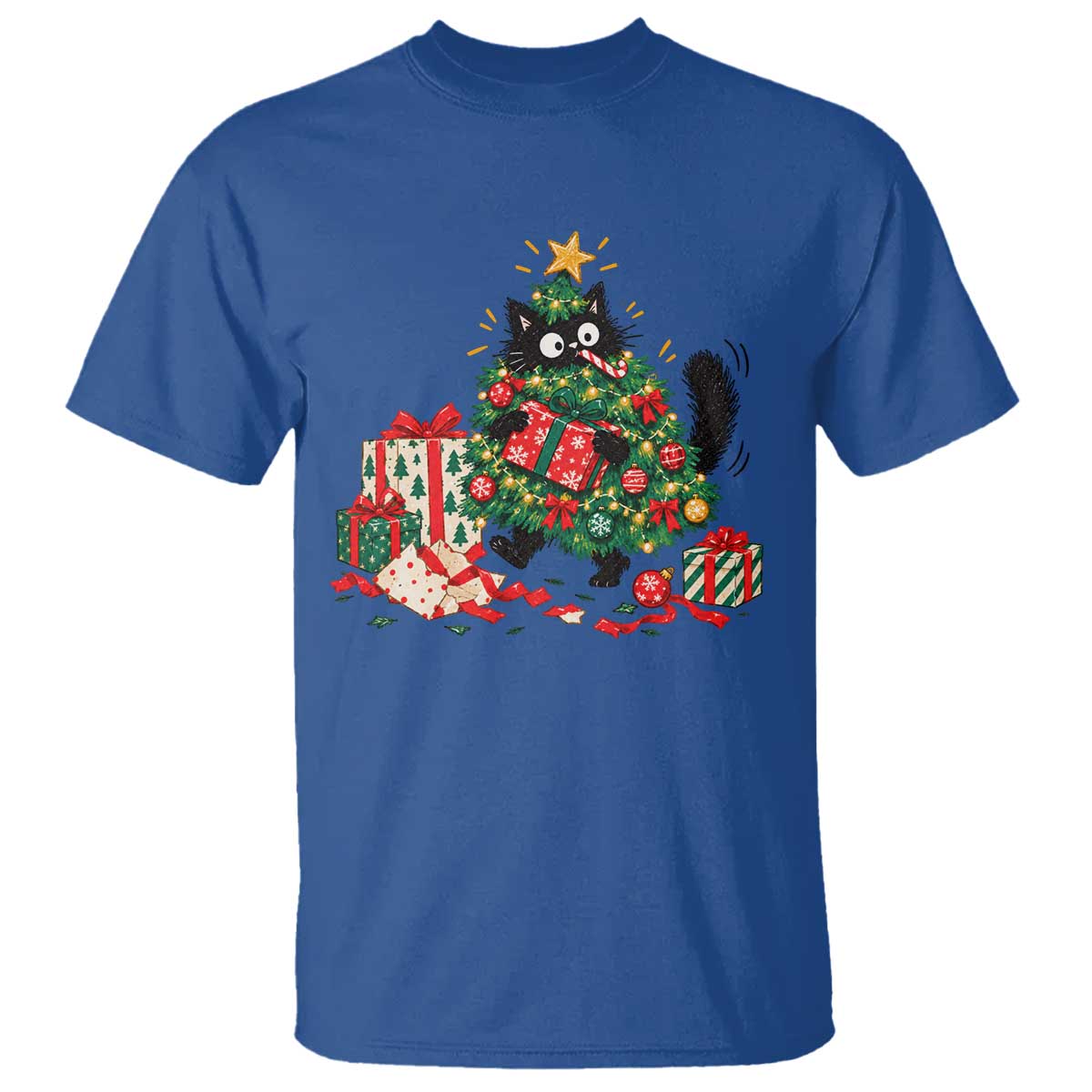 Christmas Black Cat T Shirt Funny Mischievous Pet Tree Decorating Holiday TS10