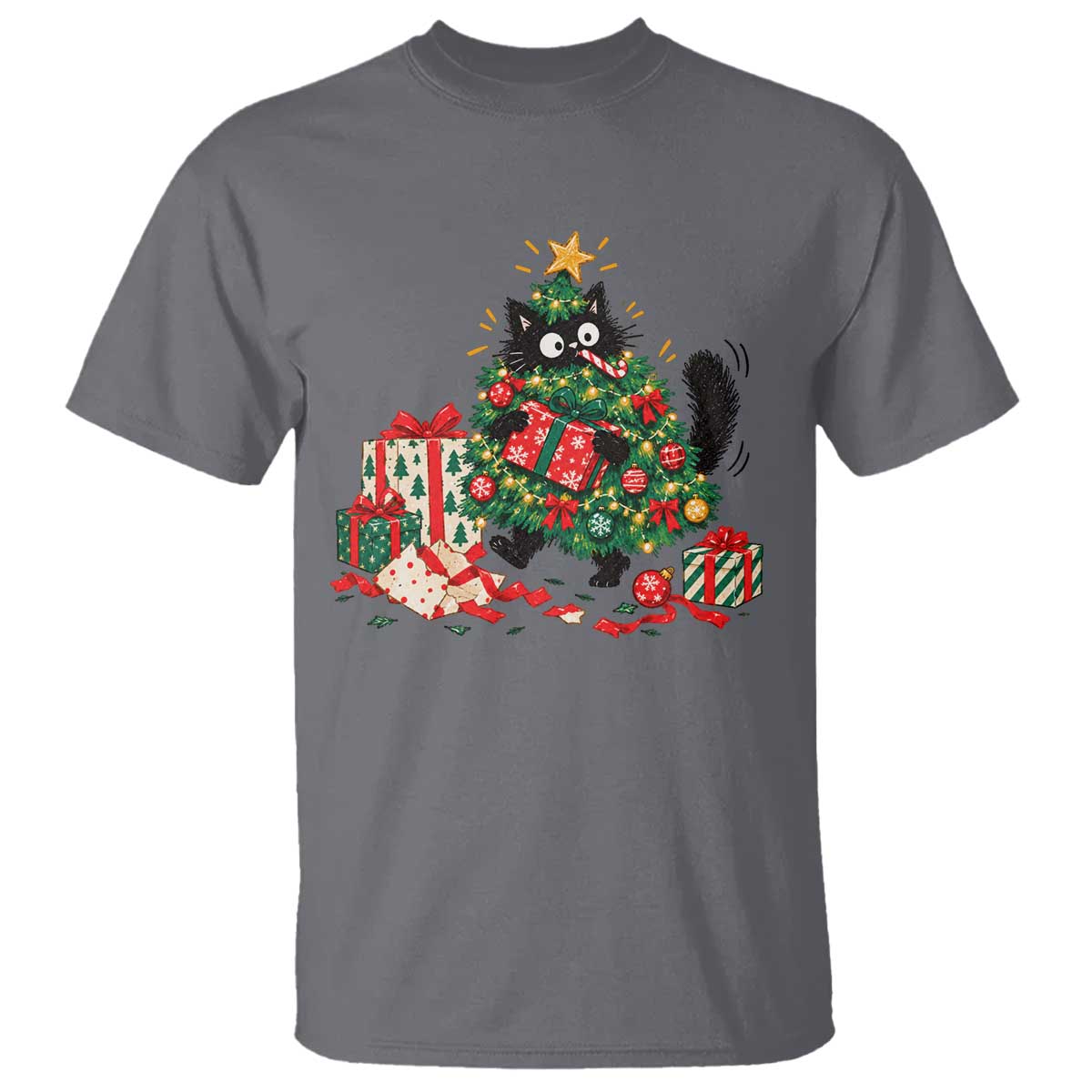 Christmas Black Cat T Shirt Funny Mischievous Pet Tree Decorating Holiday TS10