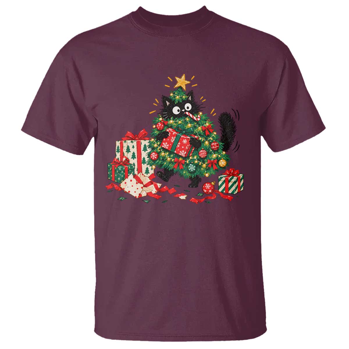 Christmas Black Cat T Shirt Funny Mischievous Pet Tree Decorating Holiday TS10