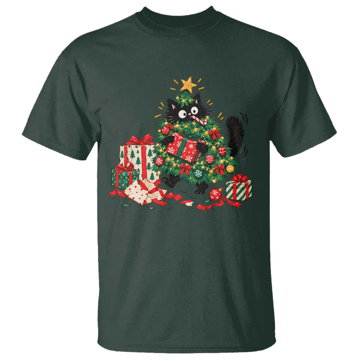 Christmas Black Cat T Shirt Funny Mischievous Pet Tree Decorating Holiday TS10