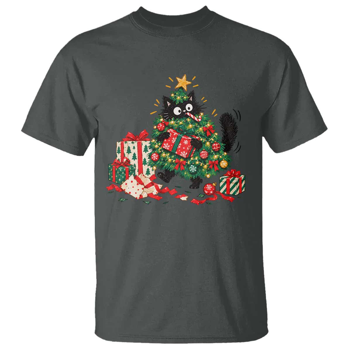 Christmas Black Cat T Shirt Funny Mischievous Pet Tree Decorating Holiday TS10