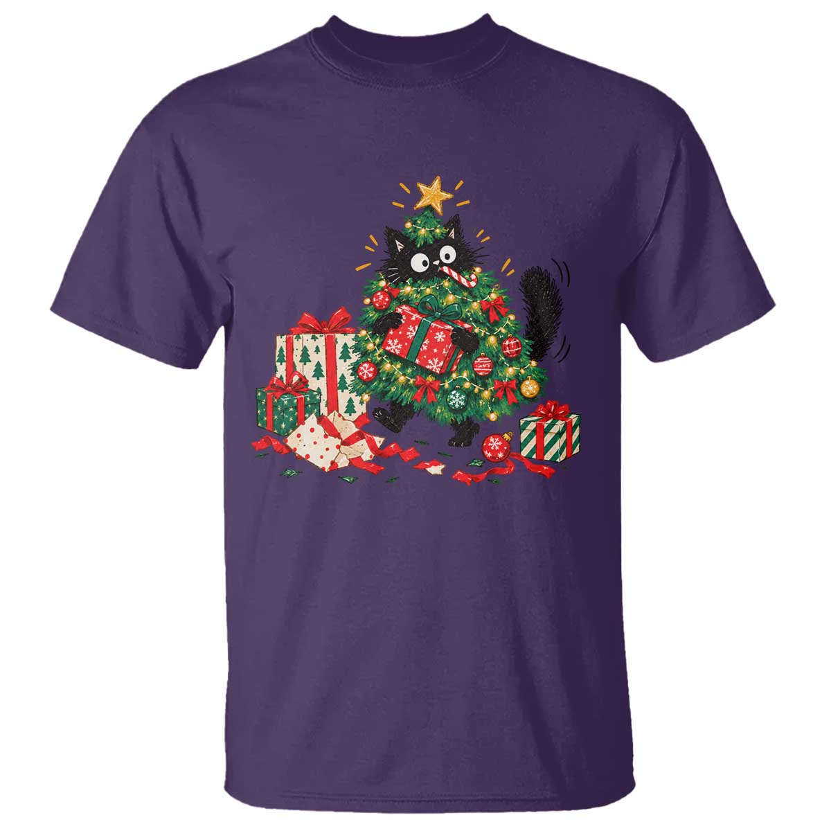 Christmas Black Cat T Shirt Funny Mischievous Pet Tree Decorating Holiday TS10