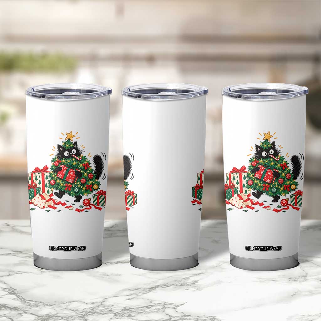 Christmas Black Cat Tumbler Cup Funny Mischievous Pet Tree Decorating Holiday TS10