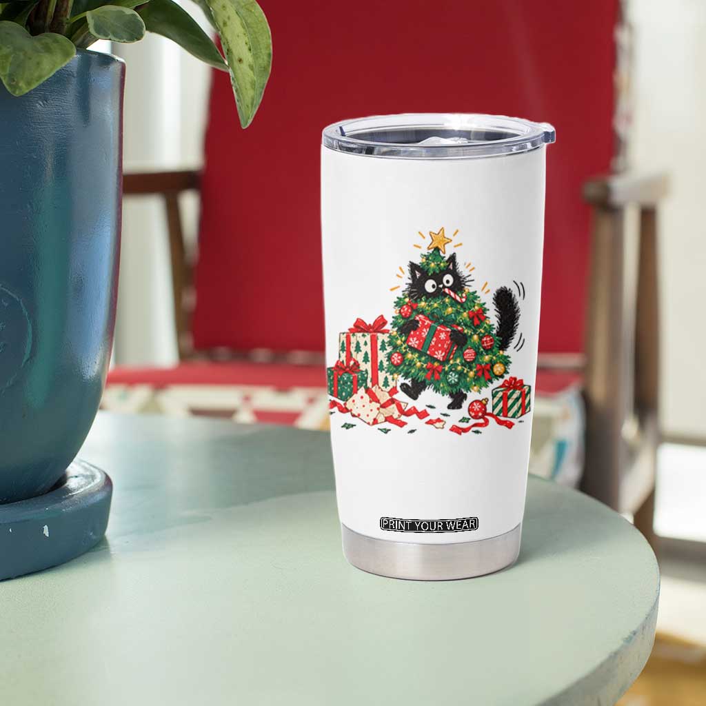 Christmas Black Cat Tumbler Cup Funny Mischievous Pet Tree Decorating Holiday TS10