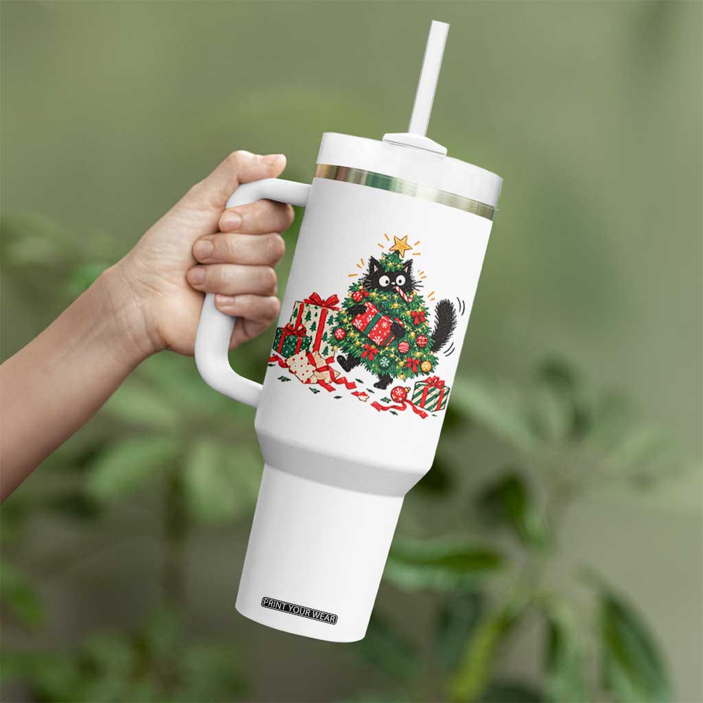 Christmas Black Cat Tumbler With Handle Funny Mischievous Pet Tree Decorating Holiday TS10