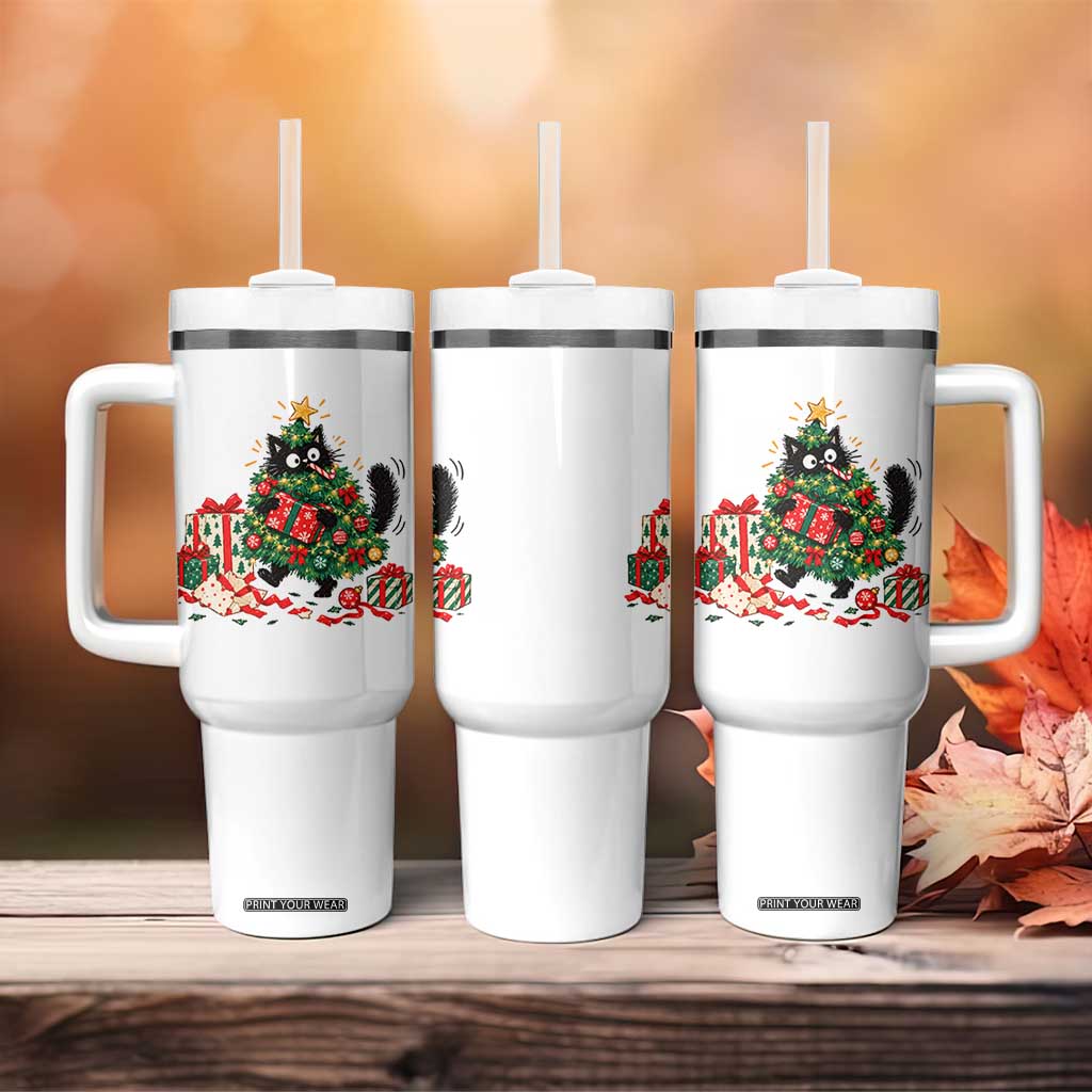 Christmas Black Cat Tumbler With Handle Funny Mischievous Pet Tree Decorating Holiday TS10