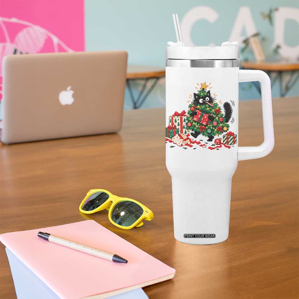 Christmas Black Cat Tumbler With Handle Funny Mischievous Pet Tree Decorating Holiday TS10