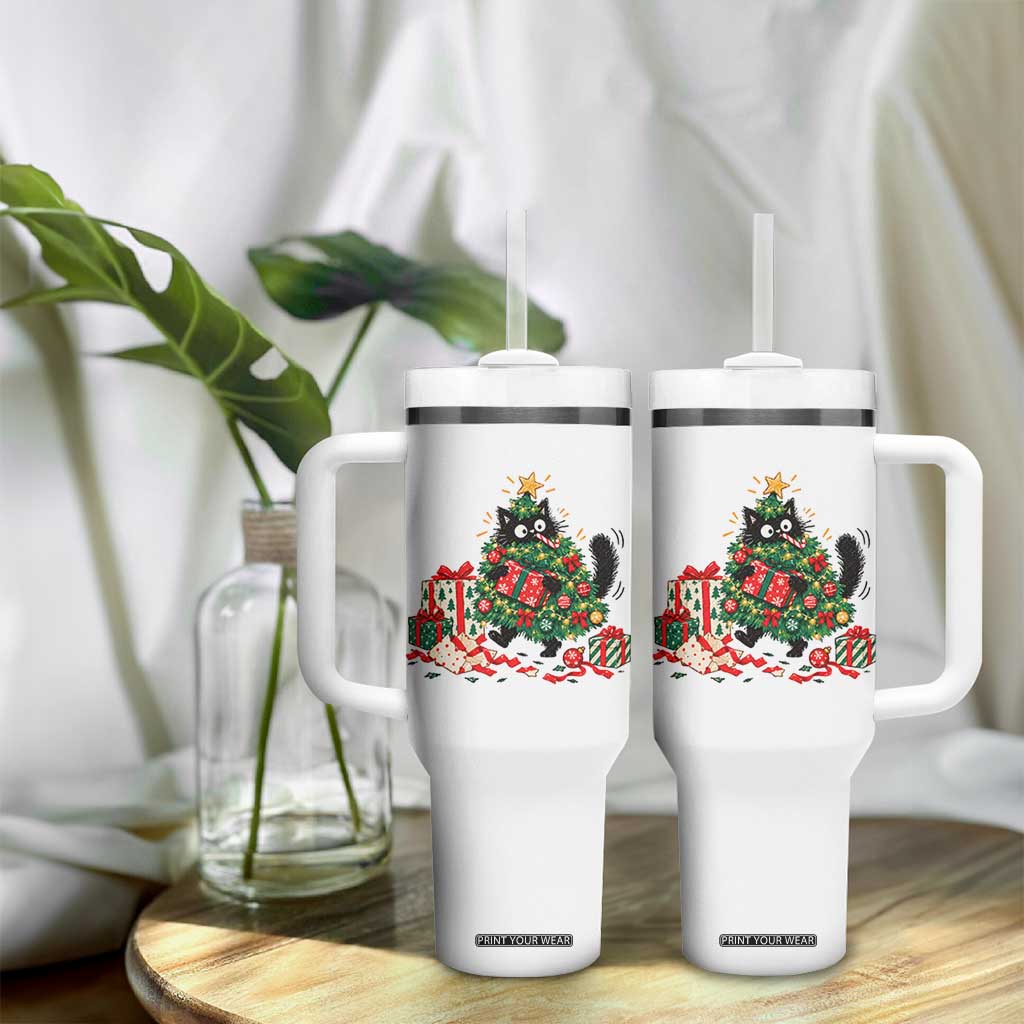 Christmas Black Cat Tumbler With Handle Funny Mischievous Pet Tree Decorating Holiday TS10