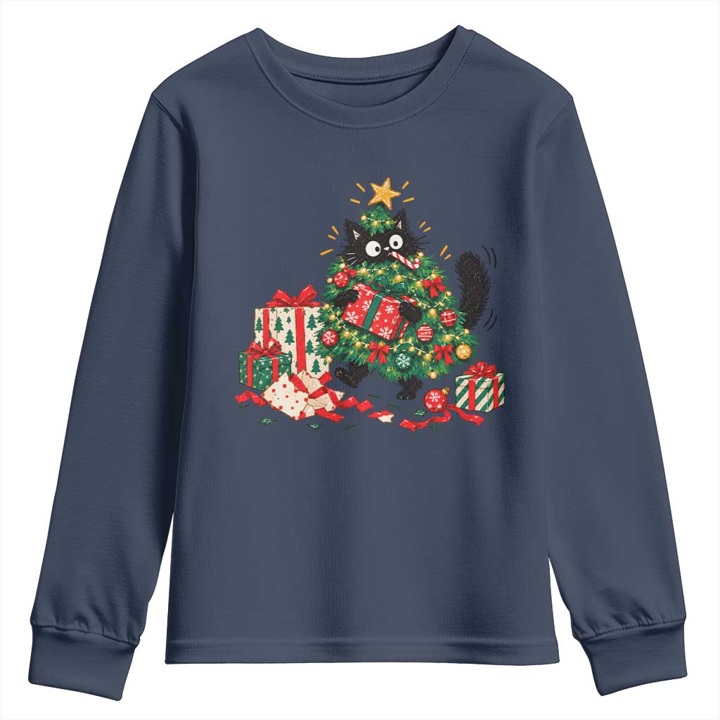 Christmas Black Cat Youth Sweatshirt Funny Mischievous Pet Tree Decorating Holiday TS10