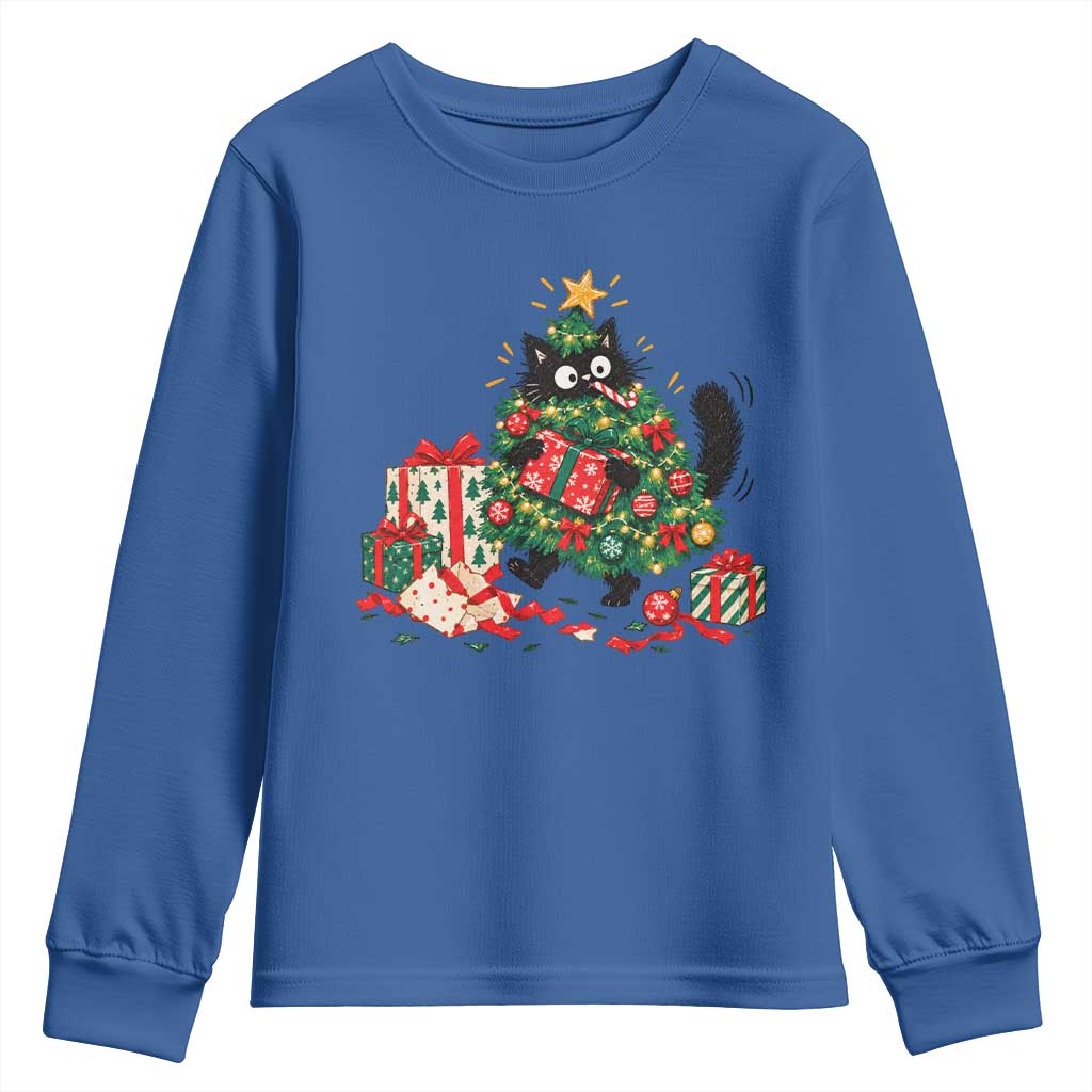Christmas Black Cat Youth Sweatshirt Funny Mischievous Pet Tree Decorating Holiday TS10