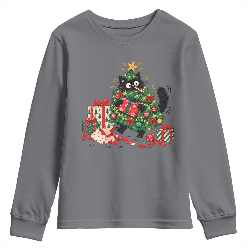 Christmas Black Cat Youth Sweatshirt Funny Mischievous Pet Tree Decorating Holiday TS10