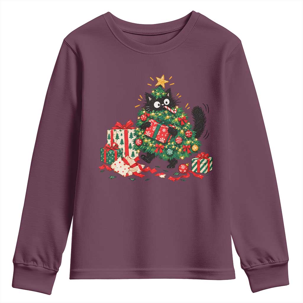 Christmas Black Cat Youth Sweatshirt Funny Mischievous Pet Tree Decorating Holiday TS10