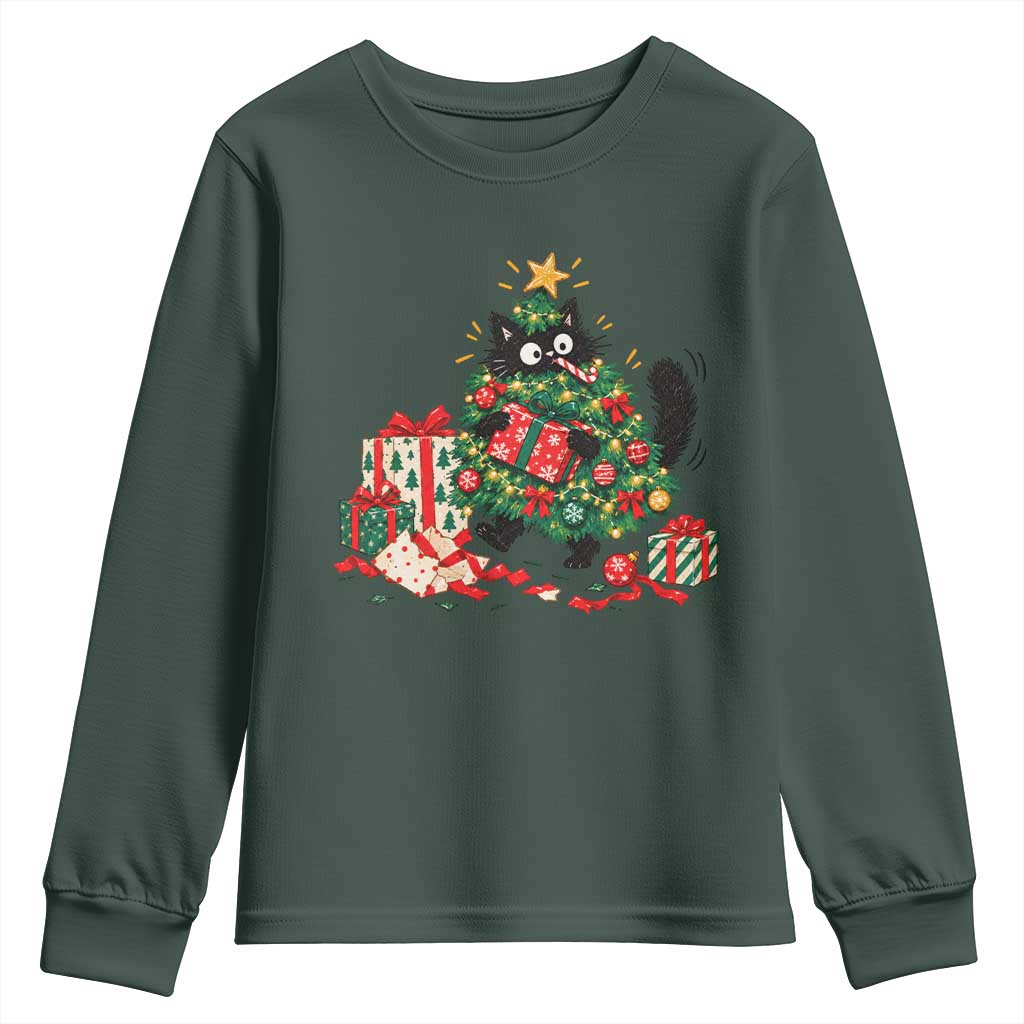 Christmas Black Cat Youth Sweatshirt Funny Mischievous Pet Tree Decorating Holiday TS10