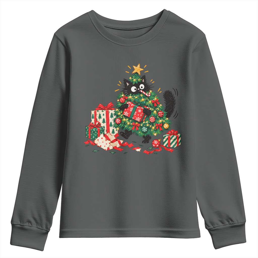 Christmas Black Cat Youth Sweatshirt Funny Mischievous Pet Tree Decorating Holiday TS10
