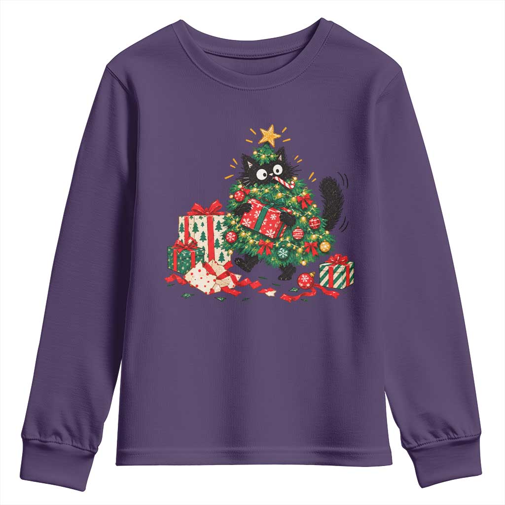 Christmas Black Cat Youth Sweatshirt Funny Mischievous Pet Tree Decorating Holiday TS10