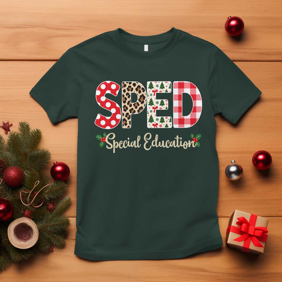 Christmas SPED Teacher T Shirt Leopard Plaid Special Education Educator Gift TS12