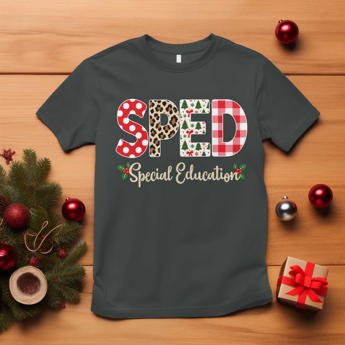 Christmas SPED Teacher T Shirt Leopard Plaid Special Education Educator Gift TS12