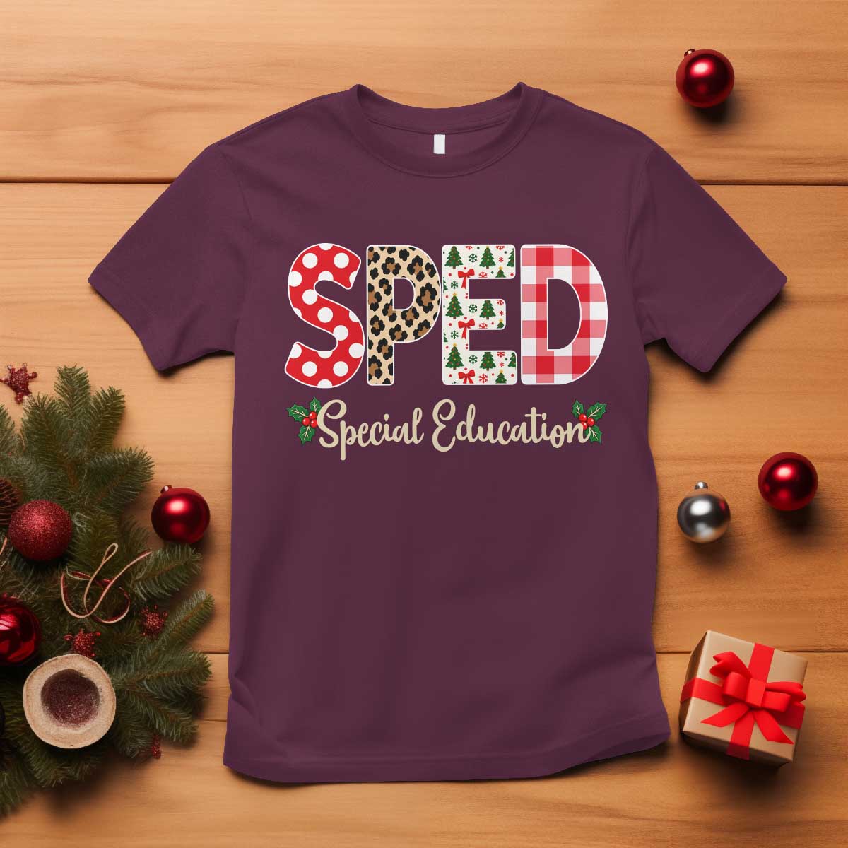 Christmas SPED Teacher T Shirt Leopard Plaid Special Education Educator Gift TS12