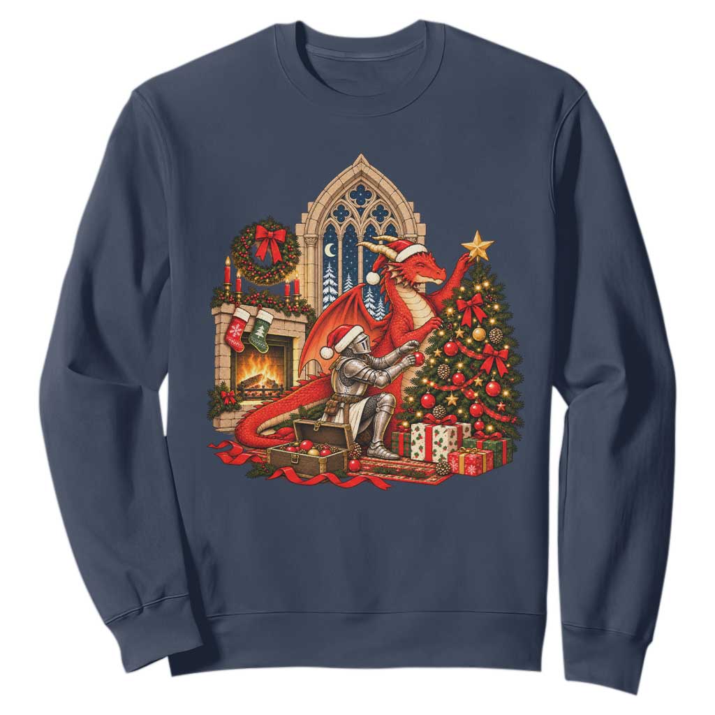 Dragon And Knight Decorating Christmas Tree Sweatshirt Medieval Fantasy Castle Holiday TS10