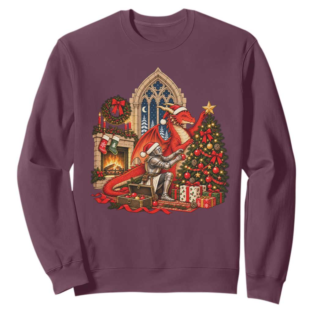 Dragon And Knight Decorating Christmas Tree Sweatshirt Medieval Fantasy Castle Holiday TS10