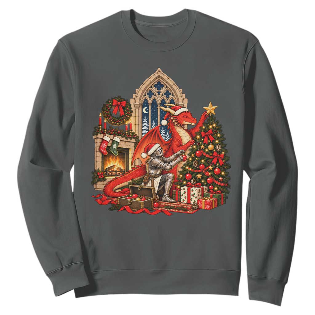 Dragon And Knight Decorating Christmas Tree Sweatshirt Medieval Fantasy Castle Holiday TS10